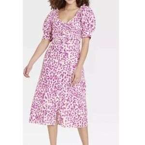 Who What Wear Midi Dress Linen Blend M Purple Leopard Puff Sleeve NWT
